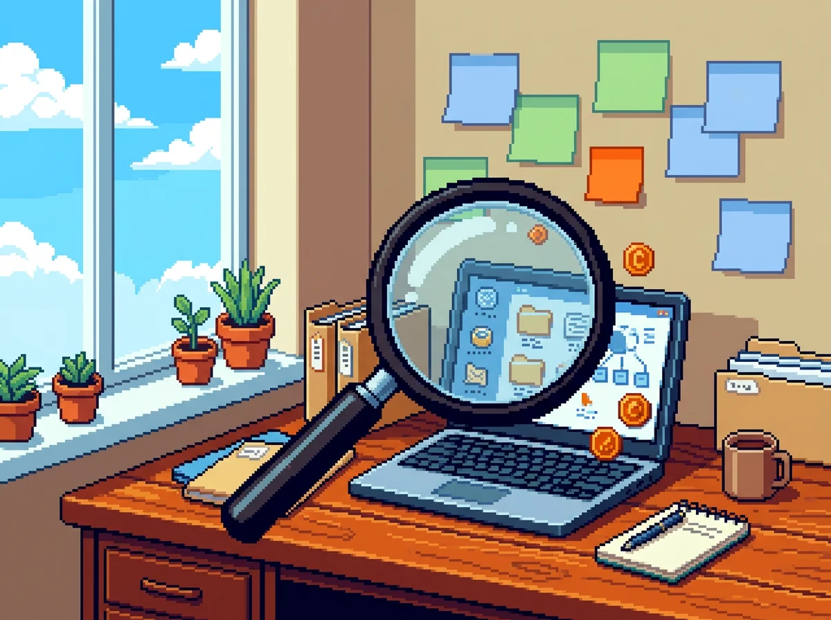 Pixel art of a product being explored through a magnifying glass