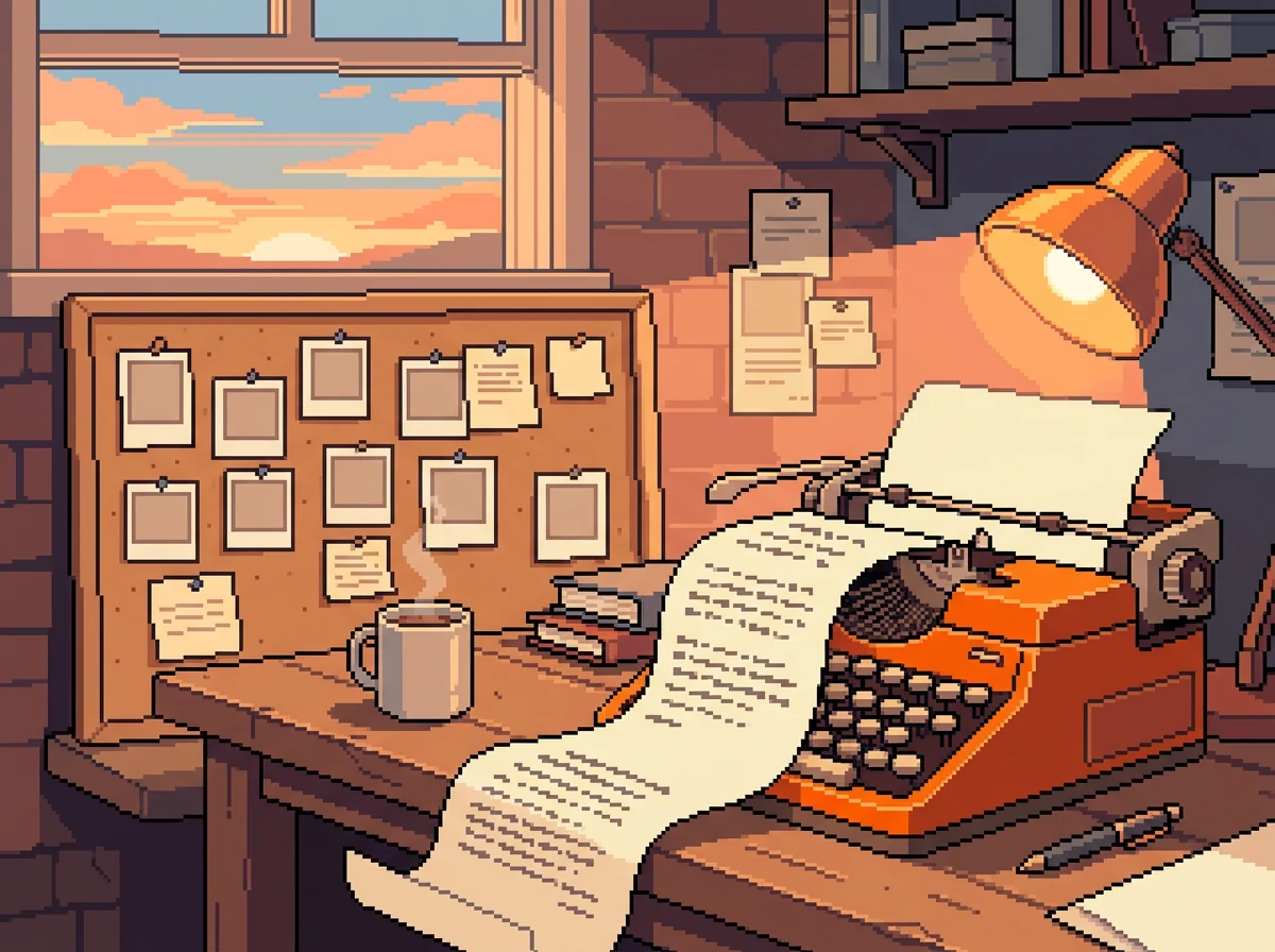 Pixel art of a desk where the launch outreach plan is being written