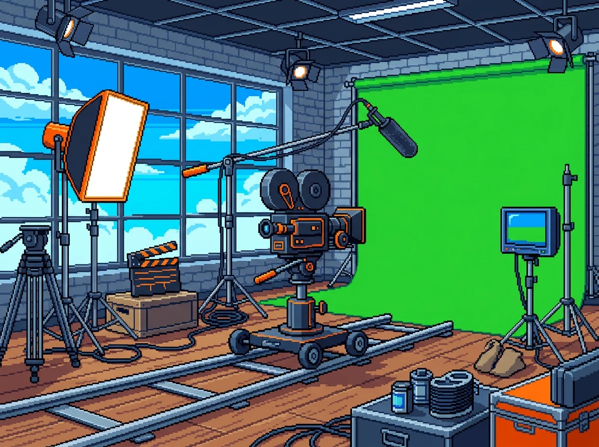 Pixel art of a film production set with a camera and boom microphone