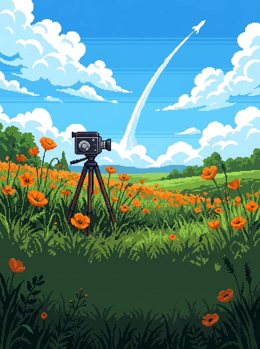 Pixel art of a film camera on a tripod in a poppy field, a rocket trail rising across the sky